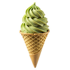 matcha ice cream cone, isolated, without light and shadow, on a white background.