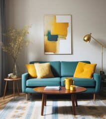 A bright living room with an aquamarine sofa, yellow pillows and abstract painting on the wall, coffee table, lamps, side tables and decorative flowers in vase.