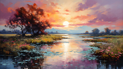 Riverside in sunset background poster decorative painting 