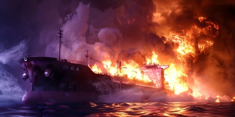 D visualization of a cargo ship engulfed in flames due to a gas explosion. Concept Tragic Accident, Ship in Flames, Gas Explosion, 3D Visualization, Cargo Ship