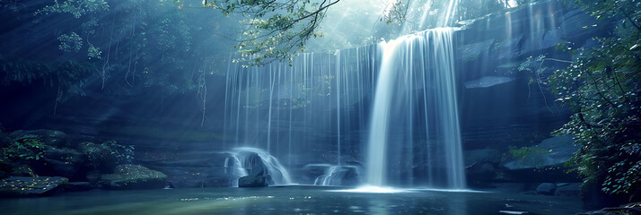 person > waterfall in the forest