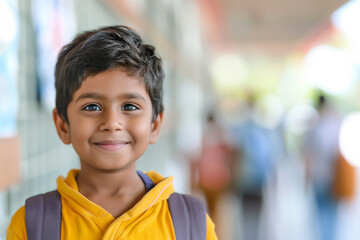 Portrait happy Indian school kid in classroom