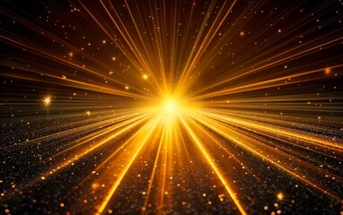 Fototapeta premium Golden light rays in the background with glitter and star dust, shining from the center on a dark black backdrop