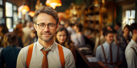 Obraz premium A man with glasses and vintage suspenders exudes a friendly and engaging presence in a pub or informal gathering. Generative AI