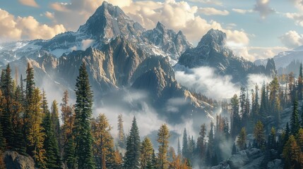 Image of rocky mountain and trees with mountain range and clouds in background - Powered by Adobe