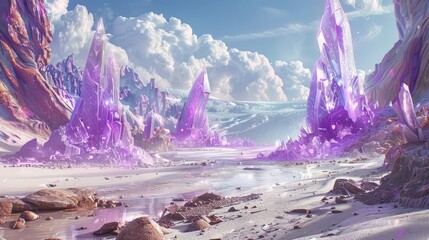 Fantasy landscape with sandy glaciers and purple crystal. Concept art. fantasy hyper realistic 