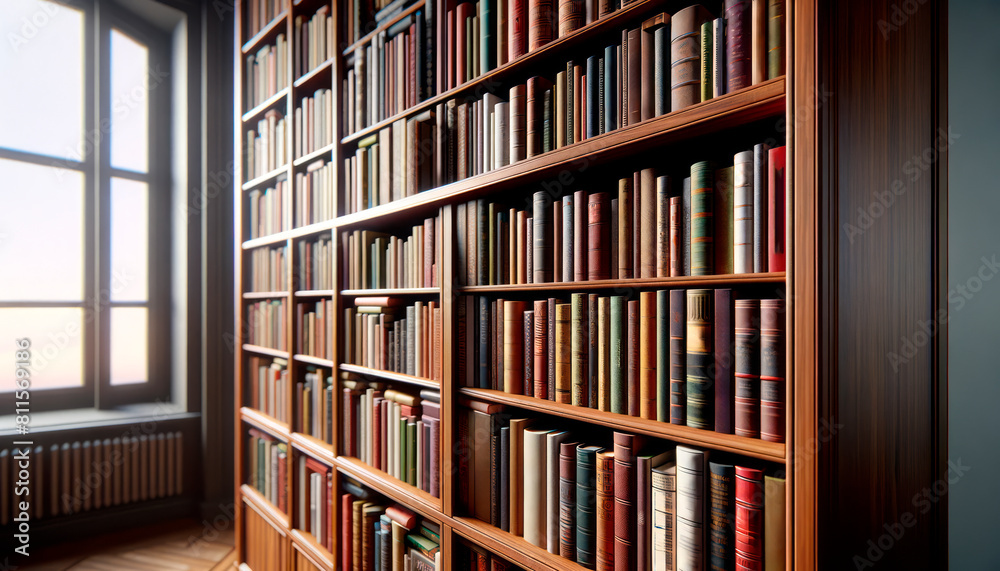 Aufkleber A realistic image of a bookshelf filled with various books, near a window with natural light, evoking a concept of knowledge. Generative AI