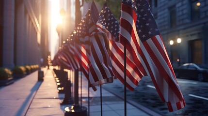 American flags on the street of New York City at sunset, USA