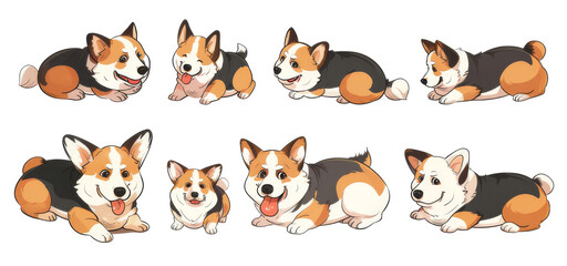 Fototapeta premium clipart illustration featuring a various of cute fat corgi dogs on white background