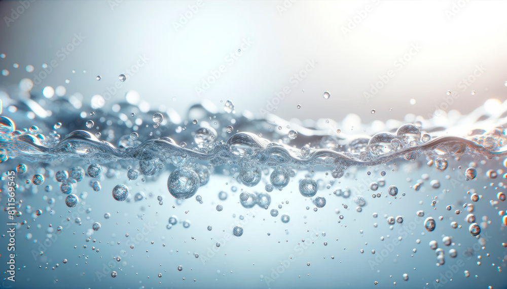Poster close-up of water surface with bubbles against a blurred light blue background, representing purity 