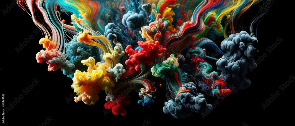 Poster abstract swirls of multicolored smoke on black background, artistic and creative concept. generative