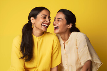 Obraz premium studio portrait of two laughing woman friends on colour background