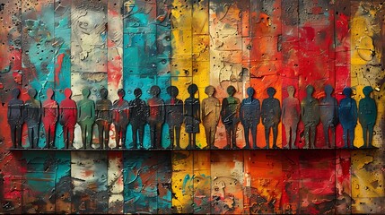 Fototapeta premium A graffiti interpretation of the US flag with a message of unity, incorporating diverse human silhouettes as the stripes.