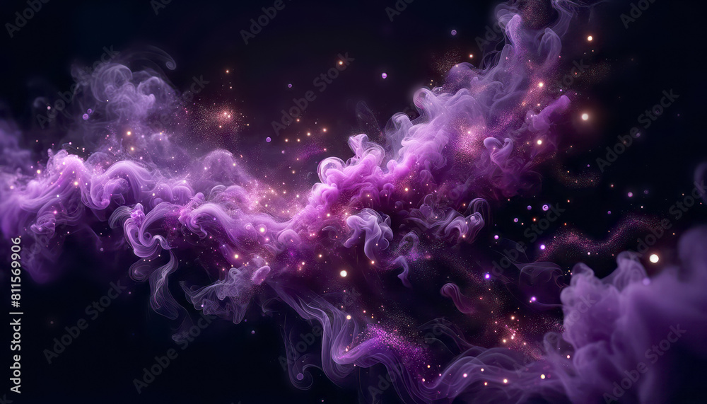 Poster abstract swirling purple smoke with sparkling particles on a dark background, depicting creativity o