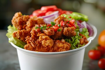 Delicious crispy chicken, cooked to perfection, served warm and incredibly appetizing, with a side of potato fries, sliced onions, sliced chilies, sliced peppers, and sliced tomatoes, presented on a w