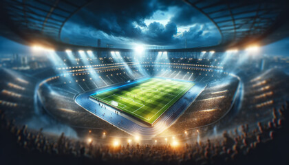 A packed stadium with illuminated field at night, showcasing the atmosphere of a major sports...