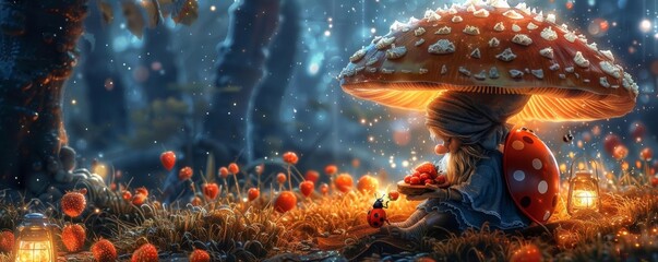 A gnome dressed in a charming ladybug outfit sitting under a large mushroom - Powered by Adobe