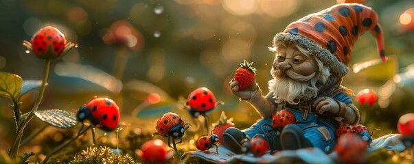 A playful scene of a gnome in a ladybuginspired outfit sitting on a picnic blanket