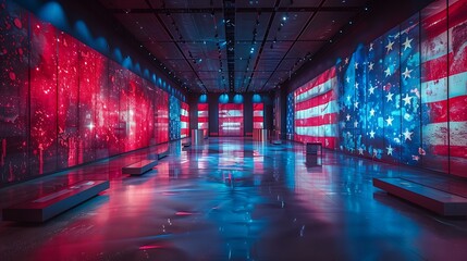 A high-tech display of the US flag with floating 3D elements that visitors can interact with in a digital exhibition space, enhancing engagement and understanding.