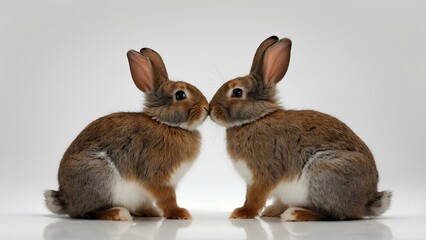 Obraz premium Fluffy cure rabbits. 2 Rabbits next to each other in white background. free blank space