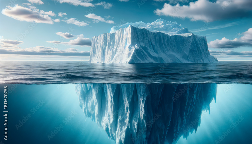 Poster An iceberg and its underwater part reflected in the ocean, under a partly clouded sky, highlighting the concept of hidden depths. Generative AI