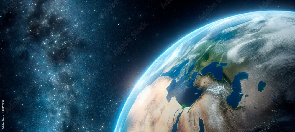 Poster earth viewed from space against a starry sky, embodying a concept of exploration, on a dark cosmic b