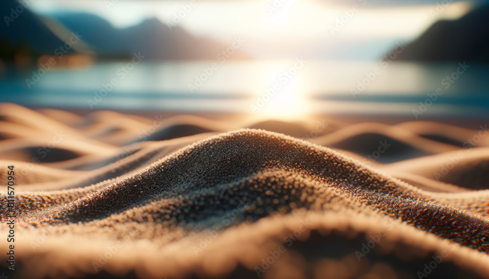 Poster Close-up image of sand textures with the sun setting over a lake in the background, conveying a concept of tranquility. Generative AI