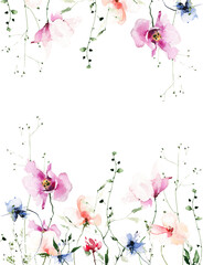 Watercolor seamless floral border frame on white background. Pink, orange, blue wild flowers, branches, leaves and twigs