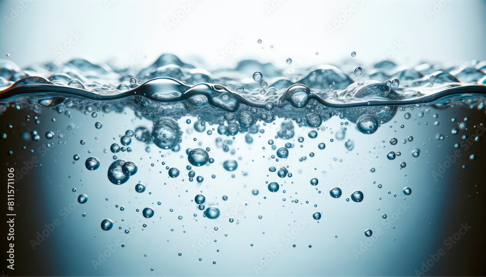 Poster close-up of water surface with bubbles against a blue gradient background, conveying the concept of 