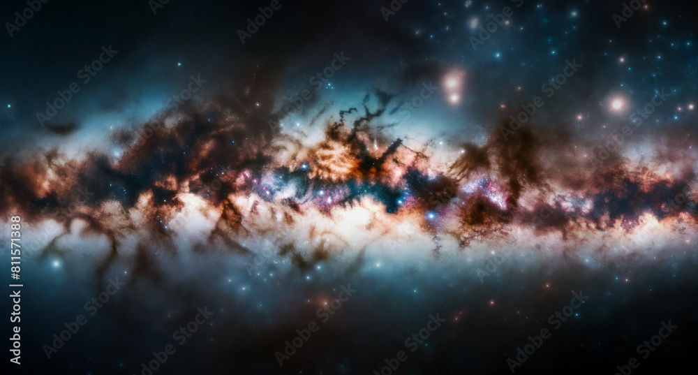 Poster A vibrant image displaying a cosmic scene with nebulae and stars on a dark space background, exuding a cosmic concept. Generative AI