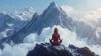 Illustration of woman meditating on mountain peak hyper realistic 