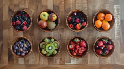 Fresh organic fruits displayed in circular bowls on a wooden surface - Powered by Adobe