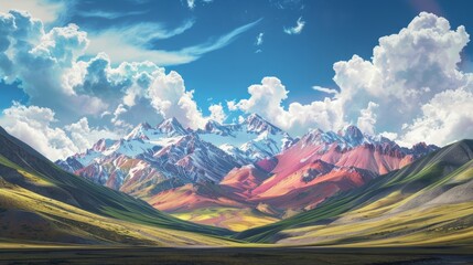 Image of landscape with colorful mountains and sky created using Generative AI technology hyper realistic 