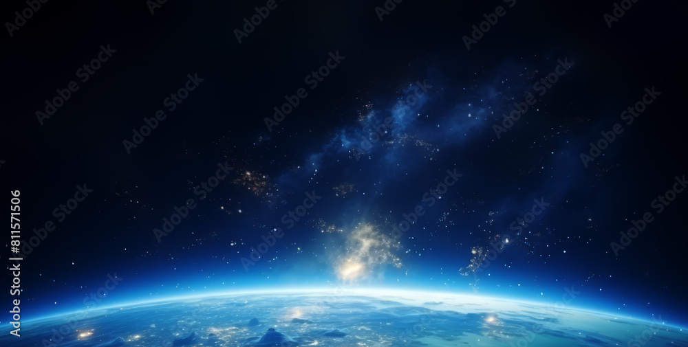 Poster A view of Earth from space with a vibrant galaxy in the background, depicting the concept of space exploration. Generative AI