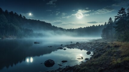 Fototapeta premium The full moon rises over a still lake, casting a shimmering path of light across the water