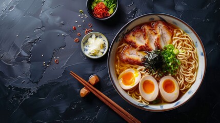 Japanese soup ramen in bowl on dark background. Commercial promotional food photo hyper realistic 