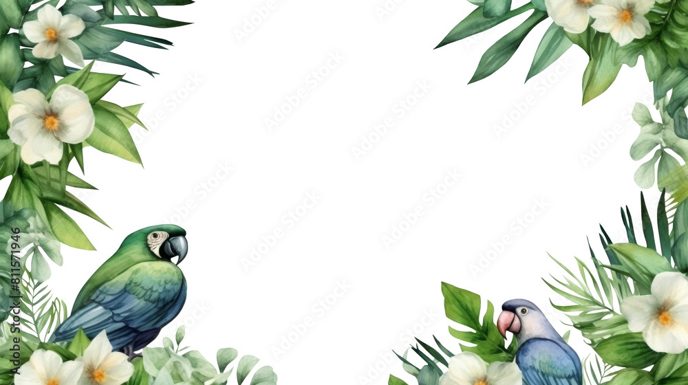Poster Tropical green leaves with parrot bird for decoration art frame,wallpaper,card and banner on transparent background. - Posters