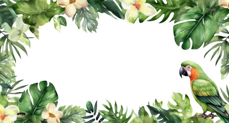 Naklejka premium Tropical green leaves with parrot bird for decoration art frame,wallpaper,card and banner on transparent background.