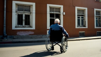 Disabled old man sitting on wheelchair in street with building background. Represents senior, elder age, disease, loneliness, need for care, healthcare and disability.