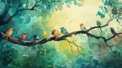 bird on a branch of a tree, watercolor painting of a forest landscape with colorful birds sitting on a tree branch