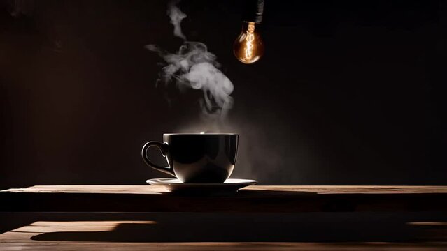 Steaming hot coffee cup on table illuminated by lightbulb in dark room