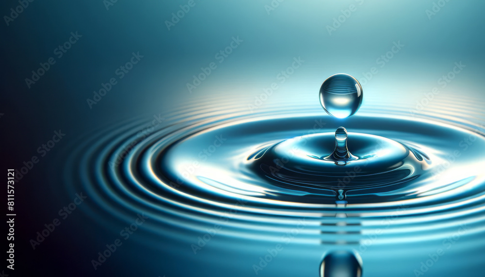 Leinwandbilder a serene water droplet poised above a surface creating ripples, photographed in a reflective blue se
