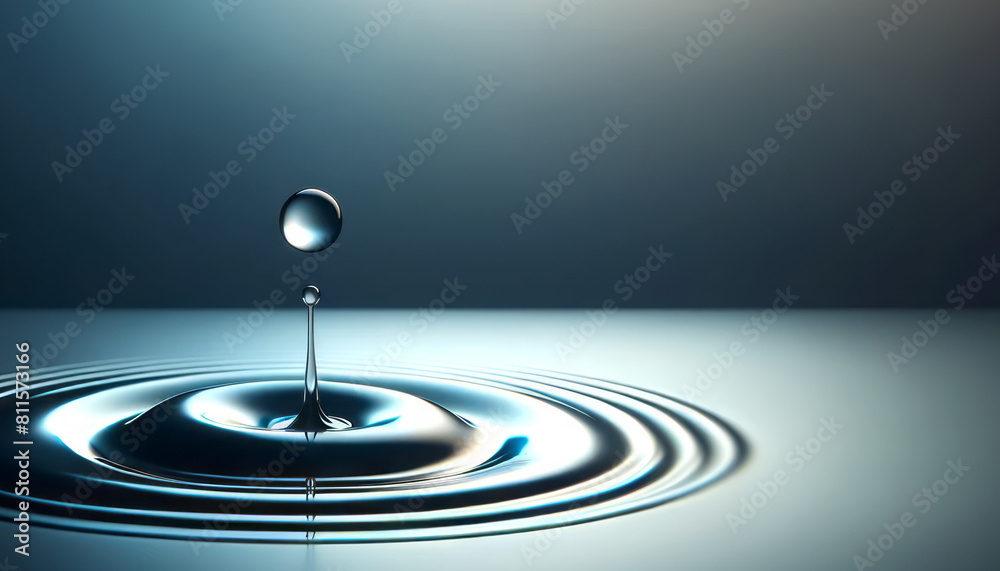 Poster a close-up of a water droplet impact with ripples, on a gradient blue background, depicting the conc