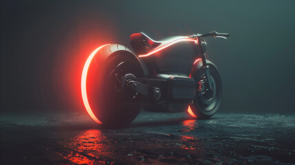 Side view of glowing neon futuristic electric bike Motorcycle of future parked in the studio with dark background
