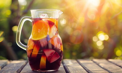 Refreshing Summer Sangria Pitcher with Fruits on Wooden Table Outdoors. horizontal banner with copy space - Powered by Adobe