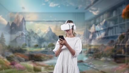 Excited girl living room using VR and smartphone to connect meta surround fantasy mountain ice with...
