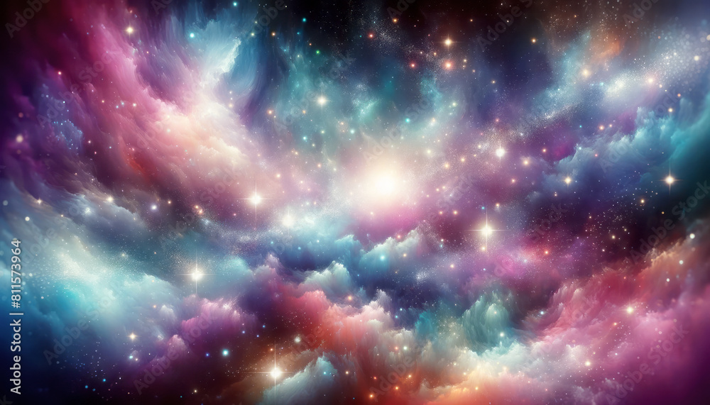 Poster a vibrant cosmic scene with a colorful nebula and twinkling stars against a dark space background, i