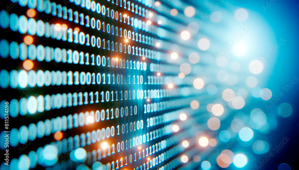 Poster Binary code visualization with glowing dots and bokeh effect, on a blue background, conveying a technology concept. Generative AI