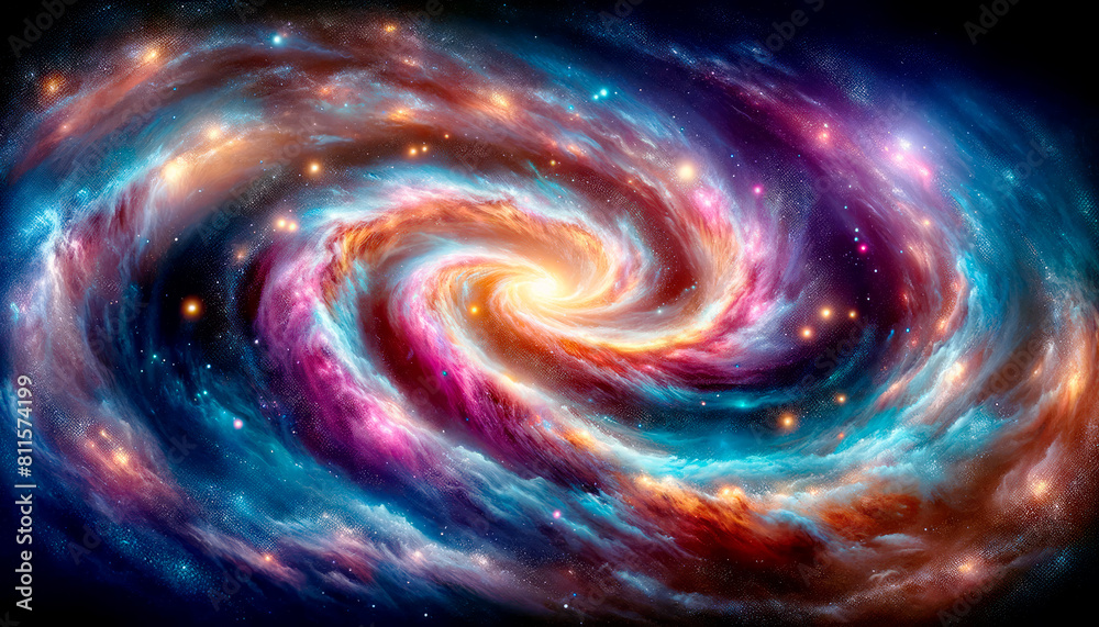 Poster a vibrant spiral galaxy with stars set against a cosmic background, concept of space exploration. ge