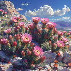 A beautiful painting showcasing a cactus with lovely pink flowers against a backdrop of blue sky and fluffy white clouds, in a natural landscape